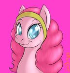  english_text equine female feral friendship_is_magic hair horse mammal my_little_pony pink_background pink_hair pinkie_pie_(mlp) plain_background pony shdingo signature smile solo text 