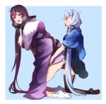  2girls alternate_costume areolae black_gloves black_legwear blue_kimono breasts breasts_outside clothed_sex clothes_lift dildo female_admiral_(kantai_collection) floral_print from_side gloves hakama_lift hiememiko highres japanese_clothes kantai_collection kimono kimono_lift large_breasts long_hair looking_at_another looking_at_viewer multiple_girls murakumo_(kantai_collection) nipples object_insertion open_mouth orange_eyes purple_eyes purple_hair purple_kimono pussy_juice sex silver_hair small_breasts smile strap-on tabi thighhighs vaginal vaginal_object_insertion very_long_hair white_legwear wide_sleeves yuri 