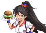  black_hair breasts burger_skater_(idolmaster) clearite fang food ganaha_hibiki green_eyes hamburger headset idolmaster idolmaster_(classic) long_hair looking_at_viewer medium_breasts one_eye_closed open_mouth simple_background smile solo white_background 