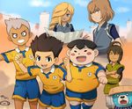  5boys adapted_uniform bad_id bad_pixiv_id blush_stickers einamu gorouta_(inazuma_eleven) grin hair_over_one_eye inazuma_eleven_(series) inazuma_eleven_go inazuma_eleven_go_chrono_stone japanese_clothes kinoshita_toukichirou_(inazuma_eleven) lightning_bolt long_hair mizuhara_aki multiple_boys open_mouth protocol_omega raimon raimon_soccer_uniform reiza shishimaru_(inazuma_eleven) short_hair smile soccer_uniform sportswear tasuke_(inazuma_eleven) wonderbat 