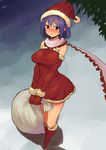  alternate_costume blush boots breasts detached_sleeves embarrassed hat large_breasts mittens nagae_iku perspective purple_hair red_eyes sack santa_costume santa_hat shawl short_hair solo touhou v_arms yokohachi 