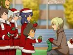  afuro_terumi androgynous brown_hair christmas gift gloves hat inazuma_eleven_(series) inazuma_eleven_go izumi_kanaaki katayama_tsuyoshi kishibe_taiga long_hair male_focus mittens mizuhara_aki multicolored_hair multiple_boys older open_mouth purple_hair red_gloves sack santa_costume santa_hat smile taki_sousuke taki_yoshihiko tobisawa_mana two-tone_hair 