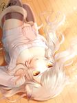  :o animal_ears bad_id bad_pixiv_id black_legwear breasts cat_ears cat_tail downblouse kurosawa_itsuki long_hair looking_at_viewer lying medium_breasts on_back orange_eyes original paw_pose silver_hair solo sunlight sweater tail thighhighs 