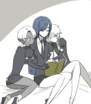  3others androgynous arm_hug black_skin blue_hair book cairngorm_(houseki_no_kuni) elbow_gloves eyebrows_visible_through_hair gem_uniform_(houseki_no_kuni) ghost_quartz_(houseki_no_kuni) gloves hair_over_one_eye houseki_no_kuni lapis_lazuli_(houseki_no_kuni) light_smile long_hair multiple_others necktie reading short_hair short_hair_with_long_locks shumiko_(kamenokoueki) sitting white_hair white_skin 