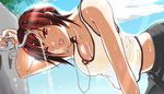  bent_over bizen_dorobune blue_sky breasts cleavage cloud day dead_or_alive dead_or_alive_5 digital_media_player drinking_fountain earbuds earphones large_breasts leaning_forward midriff mila_(doa) one_eye_closed red_eyes red_hair short_hair sky smile solo sweat tank_top wet wet_clothes 