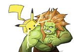  angry bite blanka capcom death_battle! electric electricity fight male nintendo pikachu plain_background pok&#233;mon pok&eacute;mon street_fighter tokyozombie video_games white_background 