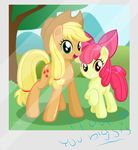 applejack_(mlp) cub cutie_mark danmakuman duo equine female feral friendship_is_magic grass hat horse mammal my_little_pony pony sibling sisters tree young 