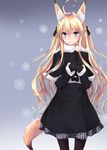  animal_ears black_legwear blonde_hair blue_eyes blush capelet fox_ears fox_tail gloves hair_ribbon highres long_hair looking_at_viewer original pantyhose ribbon second_heaven solo tail 