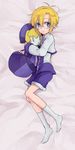  blazblue blonde_hair blue_eyes blush carl_clover character_doll dakimakura glasses male_focus nakasaka_sakana nirvana no_hat no_headwear shorts socks solo 