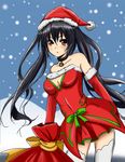  bare_shoulders bell bell_collar black_hair breasts cleavage collar drawfag elbow_gloves gloves hat highres long_hair medium_breasts neptune_(series) noire red_eyes red_gloves red_skirt sack santa_costume santa_hat skirt snowing solo thighhighs twintails very_long_hair white_legwear 