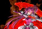  armor blue_eyes breasts bygddd5 dragon fingerless_gloves fire gloves hair_ribbon high_ponytail highres large_breasts levantine long_hair lyrical_nanoha mahou_shoujo_lyrical_nanoha mahou_shoujo_lyrical_nanoha_a's pink_hair puffy_sleeves ribbon signum sky smoke solo star_(sky) starry_sky sword weapon 