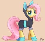  blue_eyes clothed clothing equine eyewear female feral fluttershy_(mlp) friendship_is_magic fur goggles hair horse mammal my_little_pony open_mouth pink_hair plain_background pony solar-slash solo suit yellow_fur 