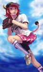  absurdres baseball_cap baseball_jersey baseball_mitt buffalo_bell cleats clothes_writing cloud day hat highres inomoto_hiro lips nippon_professional_baseball orix_buffaloes personification red_eyes red_hair shoes solo tail 