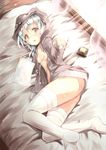  :o bed blush bottomless breasts censored convenient_censoring curtains green_eyes hood hooded_jacket inkwell jacket lying nyafu_(moai_lion) on_side open_clothes open_jacket original paper pen revision short_hair silver_hair small_breasts solo thighhighs white_legwear window 