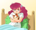  1girl biting blanket doll ear_biting hair_ribbon highres looking_at_viewer m_mushimaru nightgown on_bed pillow ran_(urusei_yatsura) red_eyes red_hair ribbon solo urusei_yatsura 