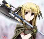  artist_name axe bardiche blonde_hair buckle cape fate_testarossa gloves hair_ribbon highres kem_kem long_hair lyrical_nanoha mahou_shoujo_lyrical_nanoha red_eyes ribbon solo twintails upper_body weapon 