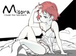  adachi_shingo arm_support bed bed_sheet bow bow_panties breasts camisole character_name cleavage copyright_name hand_on_own_head hibiki_misora lingerie panties pillow red_hair rockman ryuusei_no_rockman short_hair small_breasts solo strap_slip under_covers underwear underwear_only 