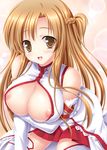  :d areola_slip areolae asuna_(sao) bare_shoulders blonde_hair blush braid breast_hold breasts brown_eyes brown_hair center_opening cleavage cleavage_cutout detached_sleeves large_breasts long_hair looking_at_viewer nanami_ayane nipple_slip nipples open_mouth shiny shiny_skin sitting skirt smile solo sword_art_online thighhighs white_legwear yellow_eyes 