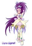  51_(akiduki) absurdres boots bow brooch character_name cure_egret derivative_work dress earrings full_body futari_wa_precure_splash_star hair_bow highres jewelry knee_boots leg_warmers long_hair magical_girl mishou_mai ponytail precure purple_eyes purple_hair ribbon smile solo very_long_hair white_background white_footwear 