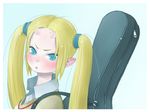  blonde_hair blue_eyes blush ebimomo guitar guitar_case highres horns instrument instrument_case oni oni_horns original solo twintails 