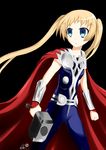  absurdres armor blonde_hair blue_eyes bodysuit cape chuunibyou_demo_koi_ga_shitai! cosplay dekomori_sanae hammer highres marvel setia_pradipta solo thor_(marvel) thor_(marvel)_(cosplay) twintails 