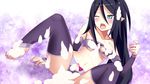  aqua_eyes attouteki_yuugi_mugen_souls barefoot black_hair blush breasts chou_chou chou_chou_beauty elbow_gloves gloves hirano_katsuyuki long_hair medium_breasts official_art one_eye_closed open_mouth soap solo thighhighs underboob 