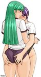  ass ass_grab blush buruma champ+ grabbing_another's_ass green_hair groping gym_uniform hands_on_ass incest lilith_aensland long_hair morrigan_aensland multiple_girls purple_hair red_eyes short_hair siblings sisters vampire_(game) yuri 