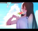  blush brown_eyes brown_hair cloud day food irohara_mitabi long_hair mouth_hold original popsicle shirt_tug skirt sky sweat watermelon_bar wet wince window 