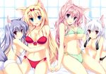  :d :o animal_ears arm_support ass bare_shoulders bikini blonde_hair blue_eyes blush breasts chestnut_mouth cleavage collarbone detexted fang fox_ears fox_tail front-tie_top hair_ribbon highres holding_hands hug large_breasts lavender_hair long_hair looking_at_viewer multiple_girls navel o-ring o-ring_bikini o-ring_bottom o-ring_top open_mouth original pink_eyes purple_eyes ribbon side-tie_bikini sitting smile swimsuit tail tateha_(marvelous_grace) third-party_edit underboob white_hair 