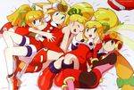  ^_^ android artist_request blonde_hair blue_eyes boots closed_eyes dress flat_chest gloves green_eyes hair_ribbon helmet kataiwa_yuri knee_boots long_hair multiple_girls official_art open_mouth pantyhose ponytail red_shorts red_skirt ribbon rockman rockman_(classic) rockman_dash rockman_exe rockman_rockman roll roll_caskett roll_exe shorts skirt smile 