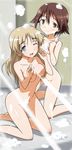  ;d bathing blonde_hair blue_eyes blush breasts brown_hair collarbone groin highres kneeling long_hair lynette_bishop medium_breasts miyafuji_yoshika multiple_girls navel nipples nude one_eye_closed open_mouth short_hair small_breasts smile soap_bubbles strike_witches tokiani world_witches_series 
