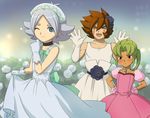  choker crossdressing dress frown fubuki_shirou genda_koujirou gloves inazuma_eleven inazuma_eleven_(series) male_focus midorikawa_ryuuji mizuhara_aki multiple_boys one_eye_closed open_mouth otoko_no_ko smile standing 