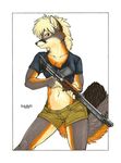  blonde_hair canine clothing ear_piercing female fg42 fox grey_fox gun hair kalahari mammal piercing ranged_weapon rifle shirt shorts solo weapon 