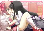  :o akemi_homura argyle argyle_legwear black_hair black_legwear blue_eyes blush choker collarbone dress eye_contact gloves groin hairband kaname_madoka long_hair looking_at_another lying magical_girl mahou_shoujo_madoka_magica mocchi multiple_girls on_back pantyhose pillow pink_eyes pink_hair skirt twintails yuri 