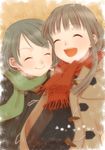  :d ^_^ blush brown_hair closed_eyes green_scarf jacket long_hair multiple_girls open_clothes open_jacket open_mouth original red_scarf sato_miiko scarf short_hair smile 