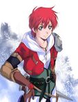  adol_christin gloves hand_on_hip jacket jewelry male_focus necklace purple_eyes red_hair scabbard sheath smile solo xiacheng_tatsuya ys ys_memories_of_celceta 