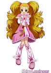  51_(akiduki) belt blonde_hair boots character_name derivative_work dress epaulettes full_body futari_wa_precure futari_wa_precure_max_heart green_eyes hair_ornament hairpin heart highres knee_boots kujou_hikari leg_warmers long_hair magical_girl md5_mismatch precure shiny_luminous smile solo twintails white_background 