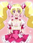  blonde_hair bow choker corset cure_peach earrings fresh_precure! hair_ornament hairpin heart heart_hair_ornament jewelry long_hair magical_girl momozono_love pink_background pink_bow pink_choker pink_eyes pink_skirt precure skirt smile solo tawashi_(tawashisan) translation_request twintails wrist_cuffs 