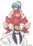  ayanami_rei bare_shoulders bird blue_hair blurry breasts censored champ+ christmas cleavage cleavage_cutout coat convenient_censoring depth_of_field hat heart_cutout kneehighs medium_breasts mittens neon_genesis_evangelion off_shoulder penguin penpen red_eyes sack santa_costume santa_hat short_hair spread_legs squatting striped striped_legwear 