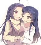  ;d blue_hair blush brown_eyes hug idolmaster idolmaster_(classic) kisaragi_chihaya long_hair miura_azusa multiple_girls one_eye_closed open_mouth red_eyes smile sweater van-s 