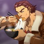  antonio_lopez bomber_jacket brown_hair chest_hair chopsticks eating food green_eyes highres jacket male_focus solo soup sweatdrop tamanegiya tiger_&amp;_bunny 