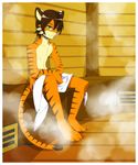  brown_hair danboyya2000 feline green_eyes hair inside male mammal sauna solo steam stripes sweat tiger topless towel 