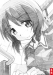  girls_und_panzer gofu greyscale looking_at_viewer military military_uniform monochrome nishizumi_miho ooarai_military_uniform short_hair sketch smile solo spot_color throat_microphone traditional_media uniform 