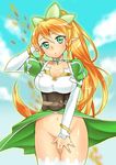  :o bangle blonde_hair bottomless bracelet breasts cloud collarbone day elf green_eyes groin highres jewelry large_breasts leaf leafa long_hair pointy_ears ponytail sky solo sword_art_online uesugi_kyoushirou 