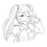  artist_name detached_sleeves emi-tan greyscale hair_ornament hatsune_miku headset lineart long_hair looking_at_viewer monochrome necktie one_eye_closed simple_background smile solo twintails v_over_eye vocaloid white_background 