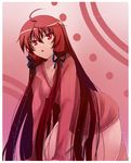  ahoge all_fours bottomless breasts cleavage hair_ribbon himuro_akari long_hair medium_breasts naked_sweater night_wizard red red_eyes red_hair ribbed_sweater ribbon solo surprised sweater tusia v-neck very_long_hair 