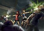  bare_shoulders battle bike_shorts blood blue_eyes boots breasts brown_hair claire_redfield cleavage clothes_around_waist cuffs cutoffs denim denim_shorts desert_eagle fingerless_gloves gloves grenade_launcher gun handcuffs handgun headshot jill_valentine knee_boots long_hair mario_grant miniskirt multiple_girls ponytail resident_evil resident_evil_2 resident_evil_3 short_hair shorts skirt suspenders sweater sweater_around_waist weapon zombie 