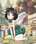  ahoge asymmetrical_legwear bad_id bad_pixiv_id basket black_hair blue_eyes blush christmas christmas_tree envelope ephemera gift hair_ornament halo lena_(zoal) pantyhose rug scissors shingeki_no_bahamut short_hair sitting solo_focus striped striped_legwear table triangle_mouth vertical-striped_legwear vertical_stripes wariza window wings 