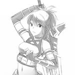  ade_(emi-tan) arm_guards arm_up bare_shoulders belt breasts emi-tan greyscale huge_weapon looking_at_viewer medium_breasts midriff monochrome navel original ponytail simple_background solo sword weapon white_background 