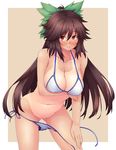  ao_banana bikini bikini_pull blush bottomless breasts brown_eyes brown_hair covered_nipples highres jpeg_artifacts large_breasts long_hair looking_at_viewer necktie no_wings red_eyes reiuji_utsuho side-tie_bikini smile solo striped striped_neckwear swimsuit tan tanline touhou untied very_long_hair 